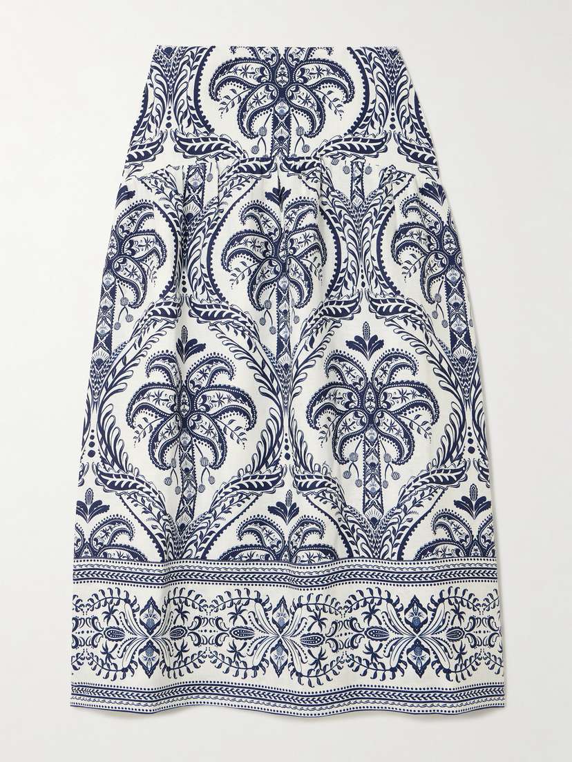 Farm Rio Tripical Cameo Shirred Printed Linen Midi Skirt