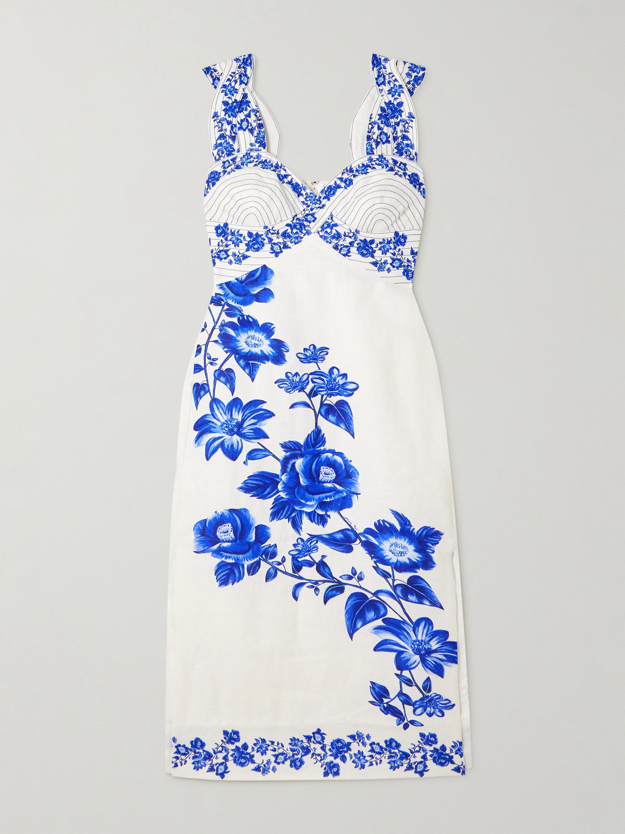 Farm Rio - Cascade Shirred Printed Linen Midi Dress - Blue