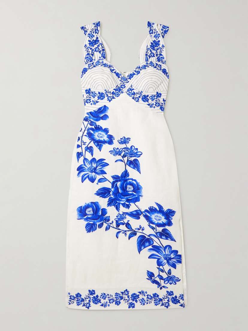 Farm Rio Cascade Shirred Printed Linen Midi Dress