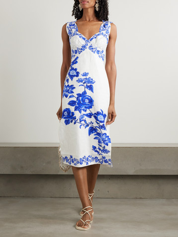 FARM Rio Cascade shirred printed linen midi dress