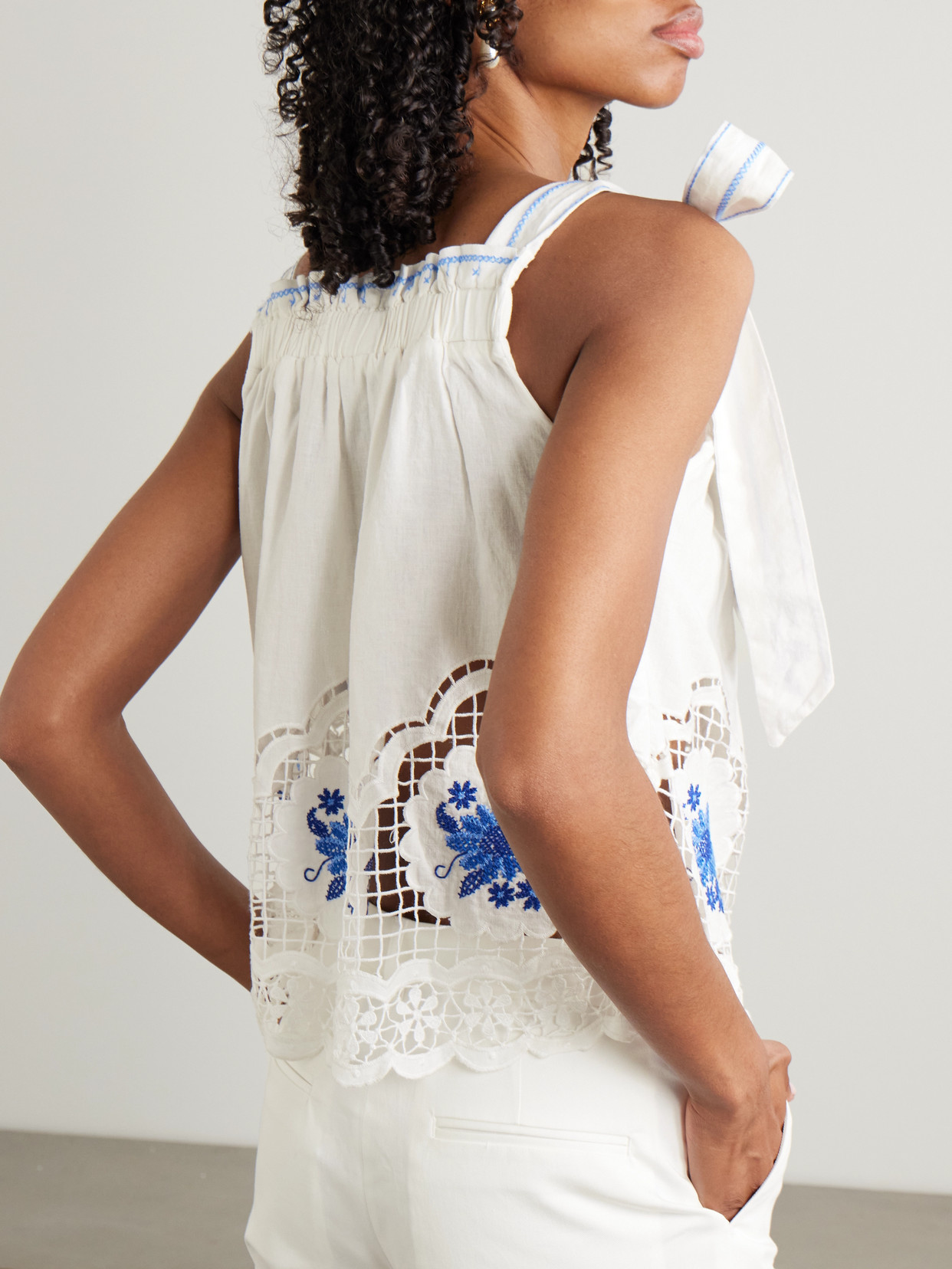 FARM RIO DAISY EMBROIDERED LINEN-BLEND GAUZE AND LACE TOP 