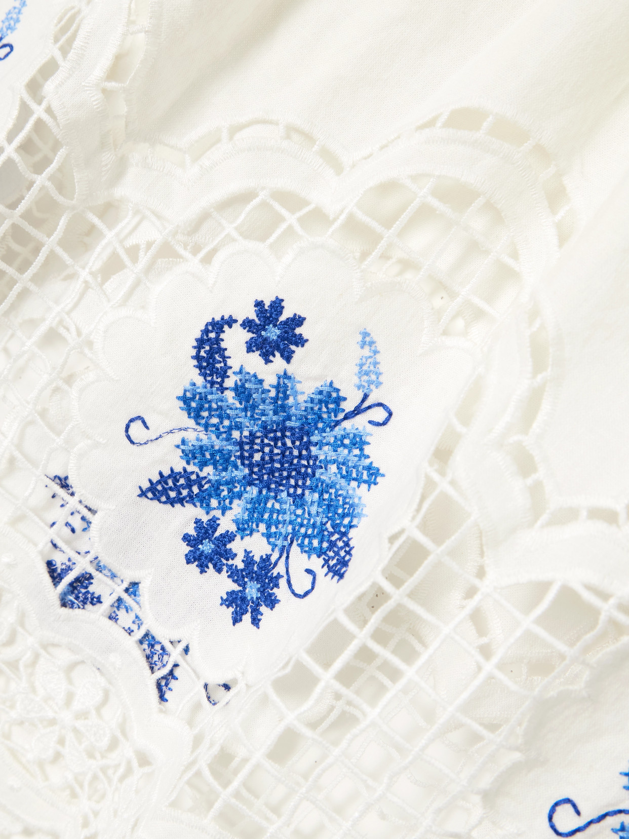 FARM RIO DAISY EMBROIDERED LINEN-BLEND GAUZE AND LACE TOP 