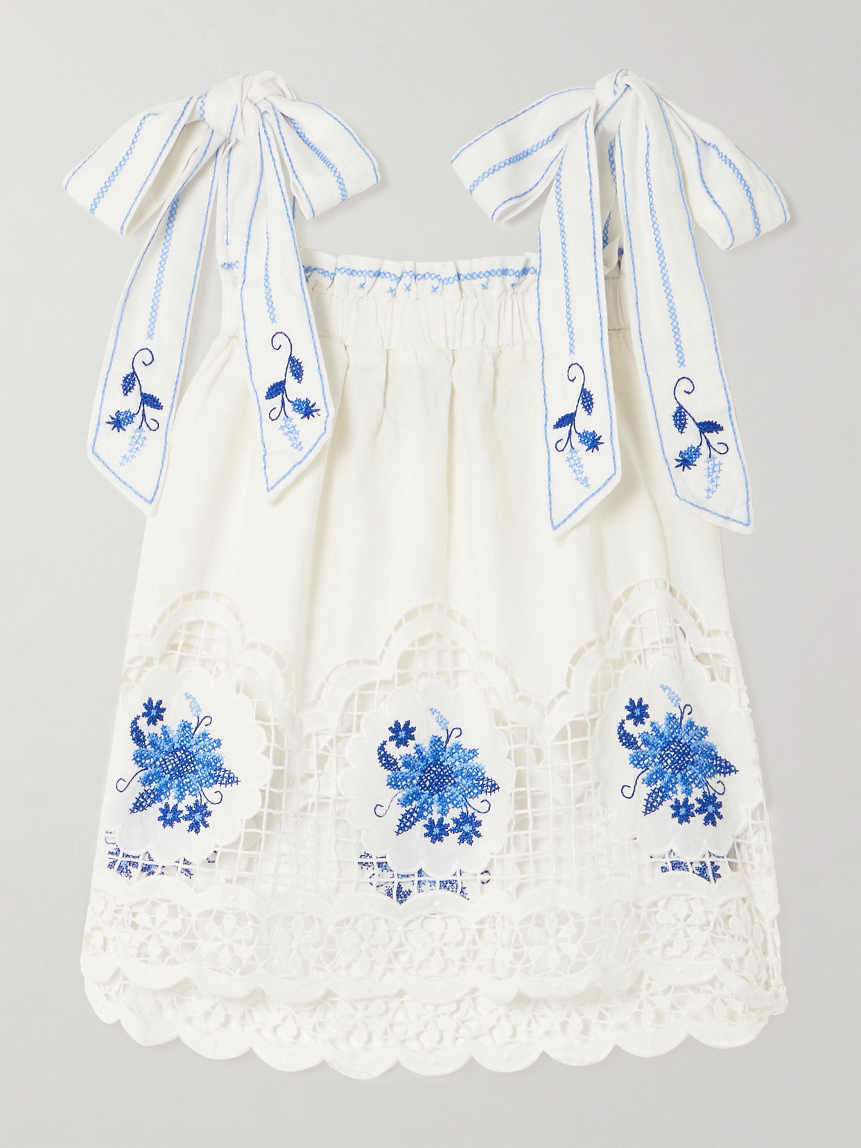 FARM RIO DAISY EMBROIDERED LINEN-BLEND GAUZE AND LACE TOP 