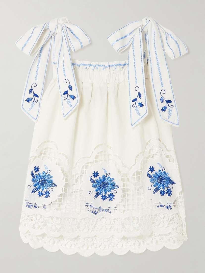 Farm Rio Daisy Embroidered Linen-blend Gauze And Lace Top