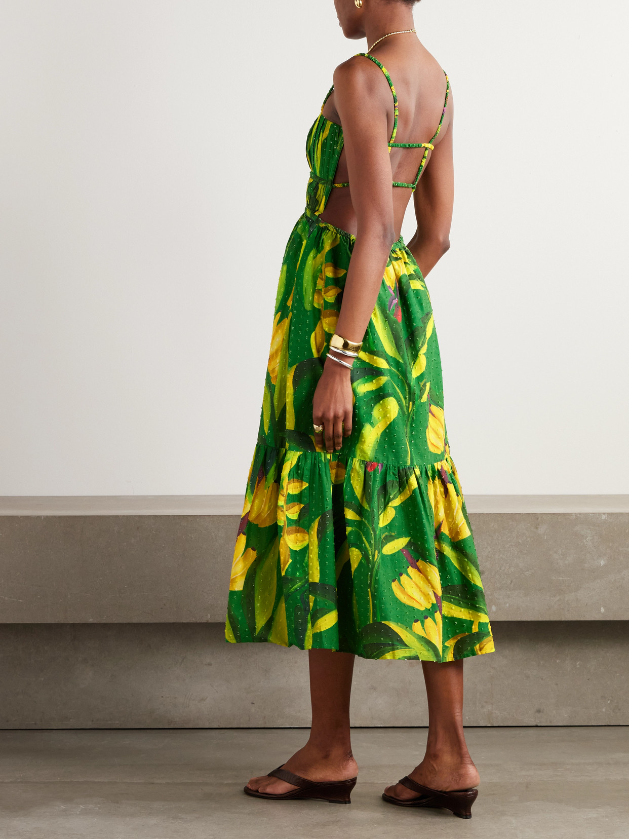 FARM RIO BANANA AQUARELA PLEATED PRINTED SWISS-DOT LINEN MIDI DRESS