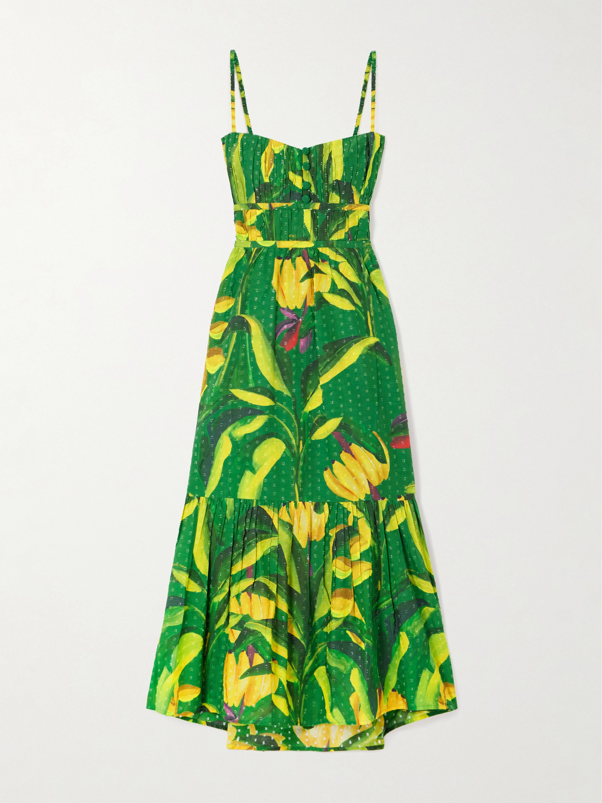 FARM RIO BANANA AQUARELA PLEATED PRINTED SWISS-DOT LINEN MIDI DRESS