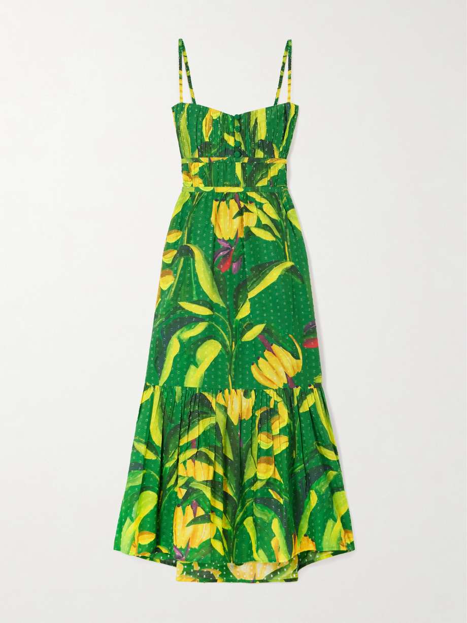 banana aquarela pleated printed swiss-dot linen midi dress