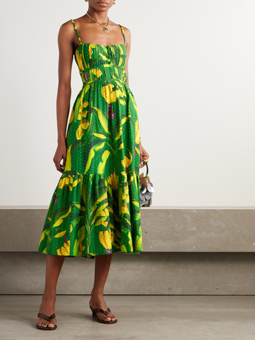 FARM Rio Banana Aquarela pleated printed swiss-dot linen midi dress