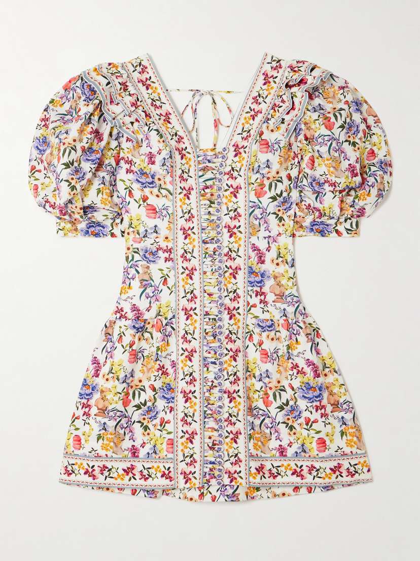 Farm Rio Greek Garden Ruffled Floral-print Linen And Lenzing™ Ecovero™-blend Mini Dress