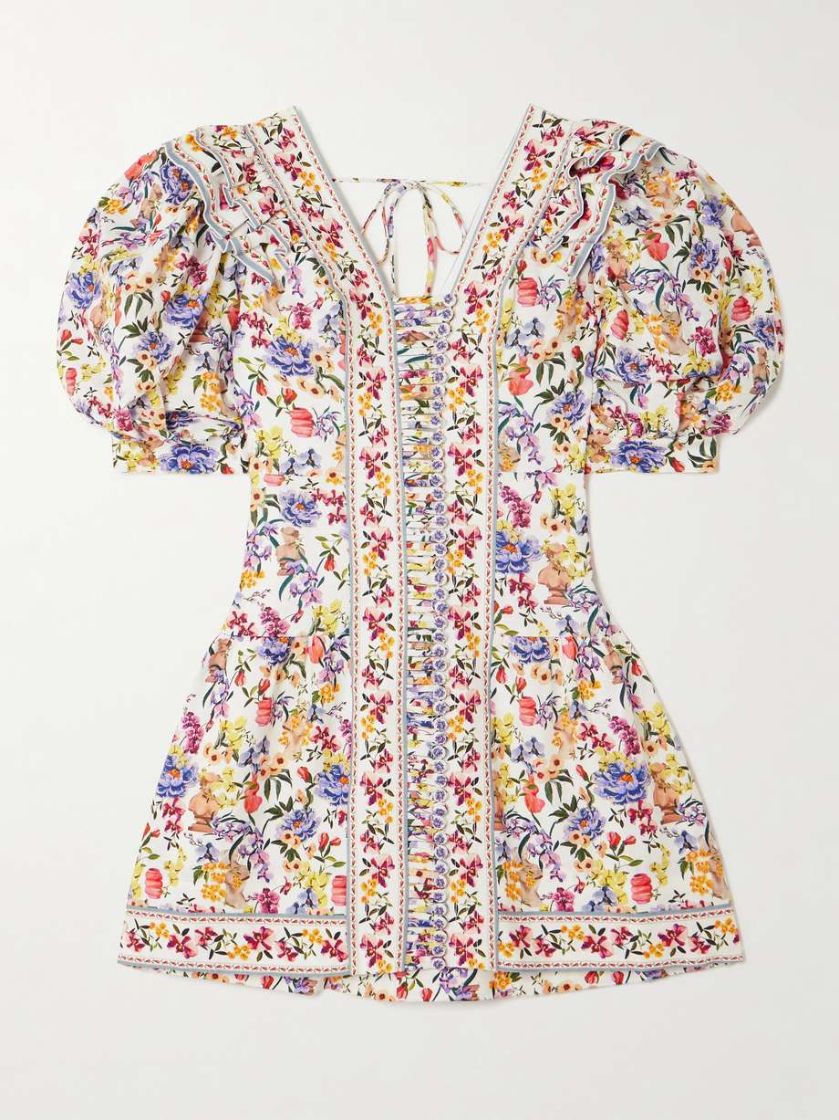 greek garden ruffled floral-print linen and lenzing™ ecovero™-blend mini dress