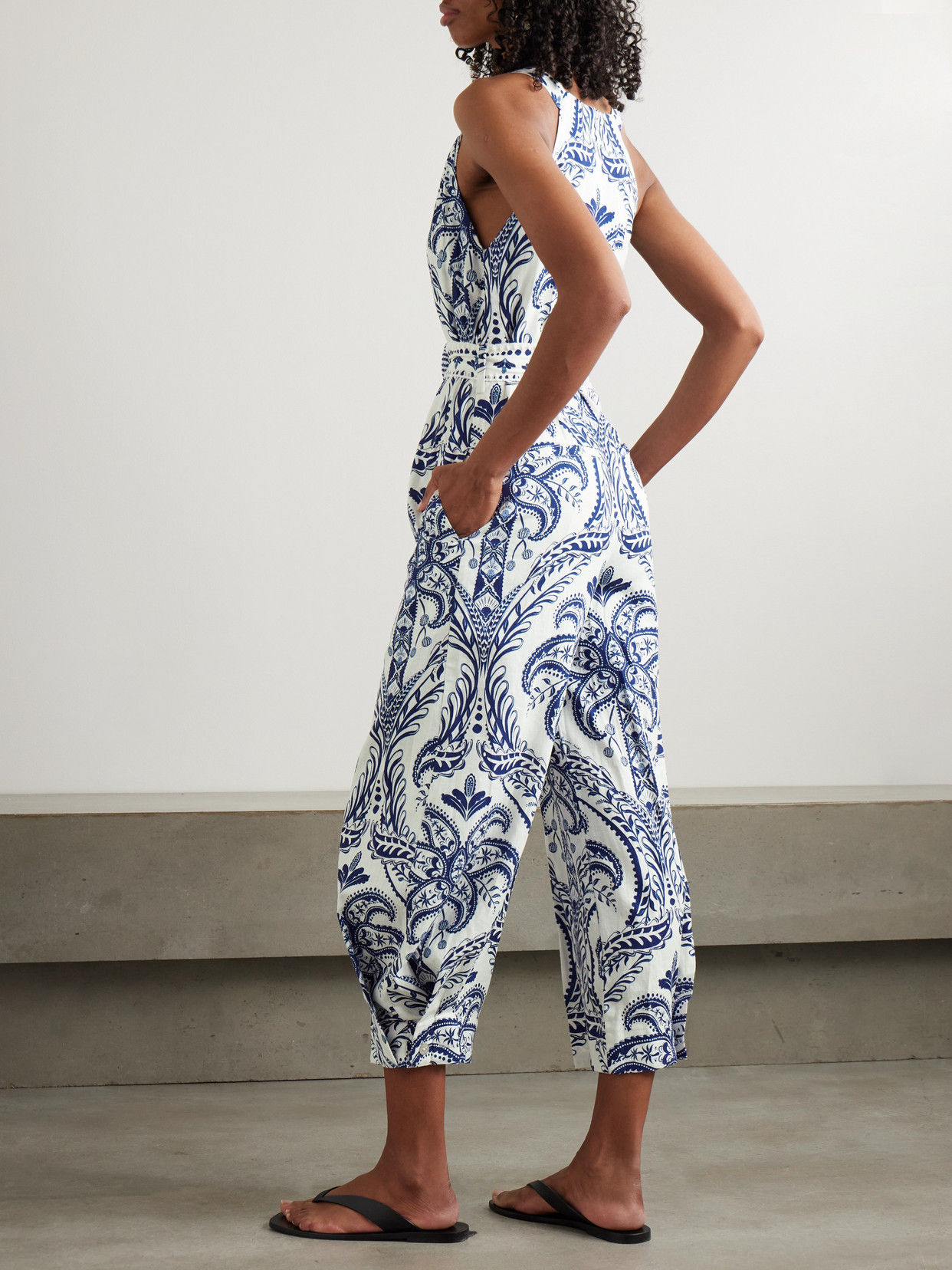 FARM RIO BELTED PRINTED LINEN AND LENZING™ ECOVERO™-BLEND JUMPSUIT