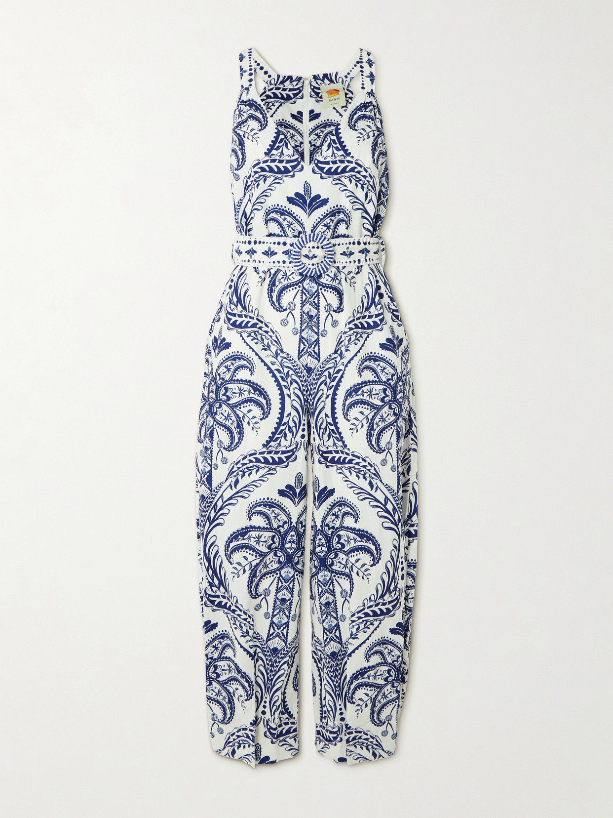 Farm Rio Belted Printed Linen And Lenzing™ Ecovero™-blend Jumpsuit In Blue