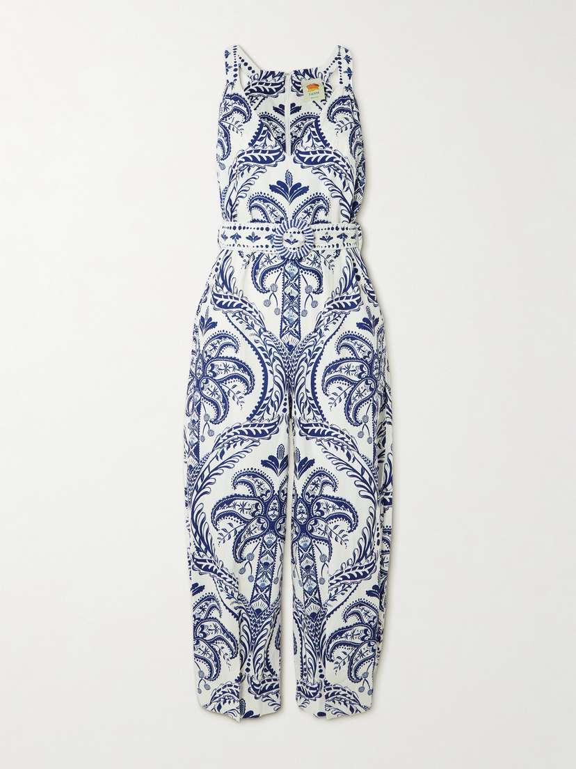 Farm Rio Belted Printed Linen And Lenzing™ Ecovero™-blend Jumpsuit
