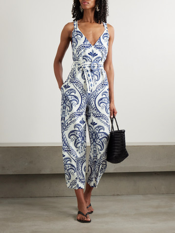FARM Rio Belted printed linen and LENZING™ ECOVERO™-blend jumpsuit