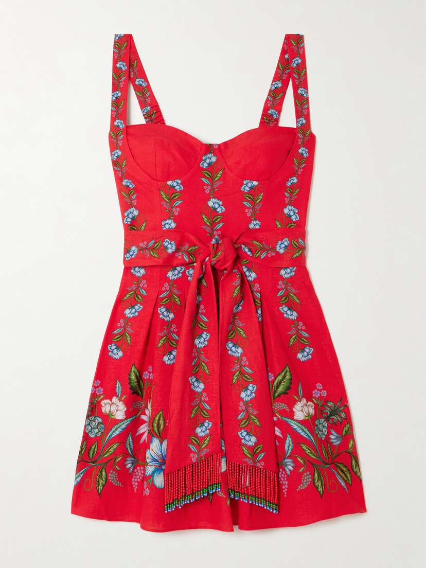 Farm Rio Sweet Bloom Bouquet Belted Floral-print Linen And Lenzing™ Ecovero™-blend Mini Dress