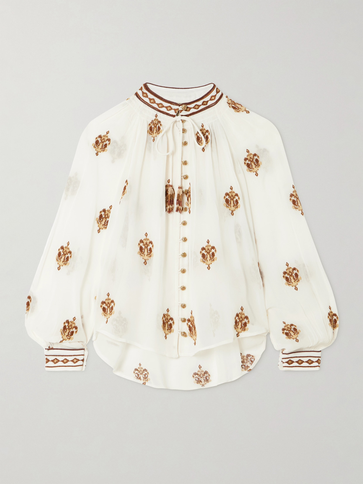 Farm Rio Anchor Tapestry Gathered Embroidered Georgette Blouse In Off-white