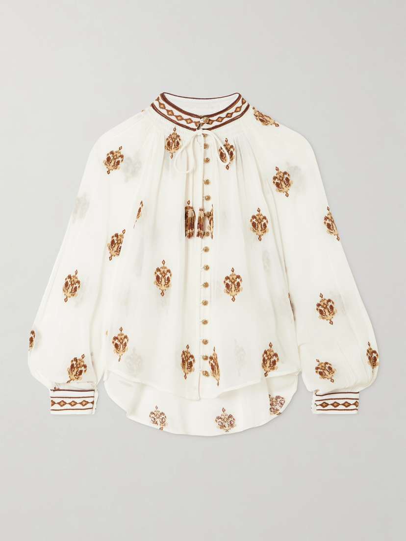 Farm Rio Anchor Tapestry Gathered Embroidered Georgette Blouse