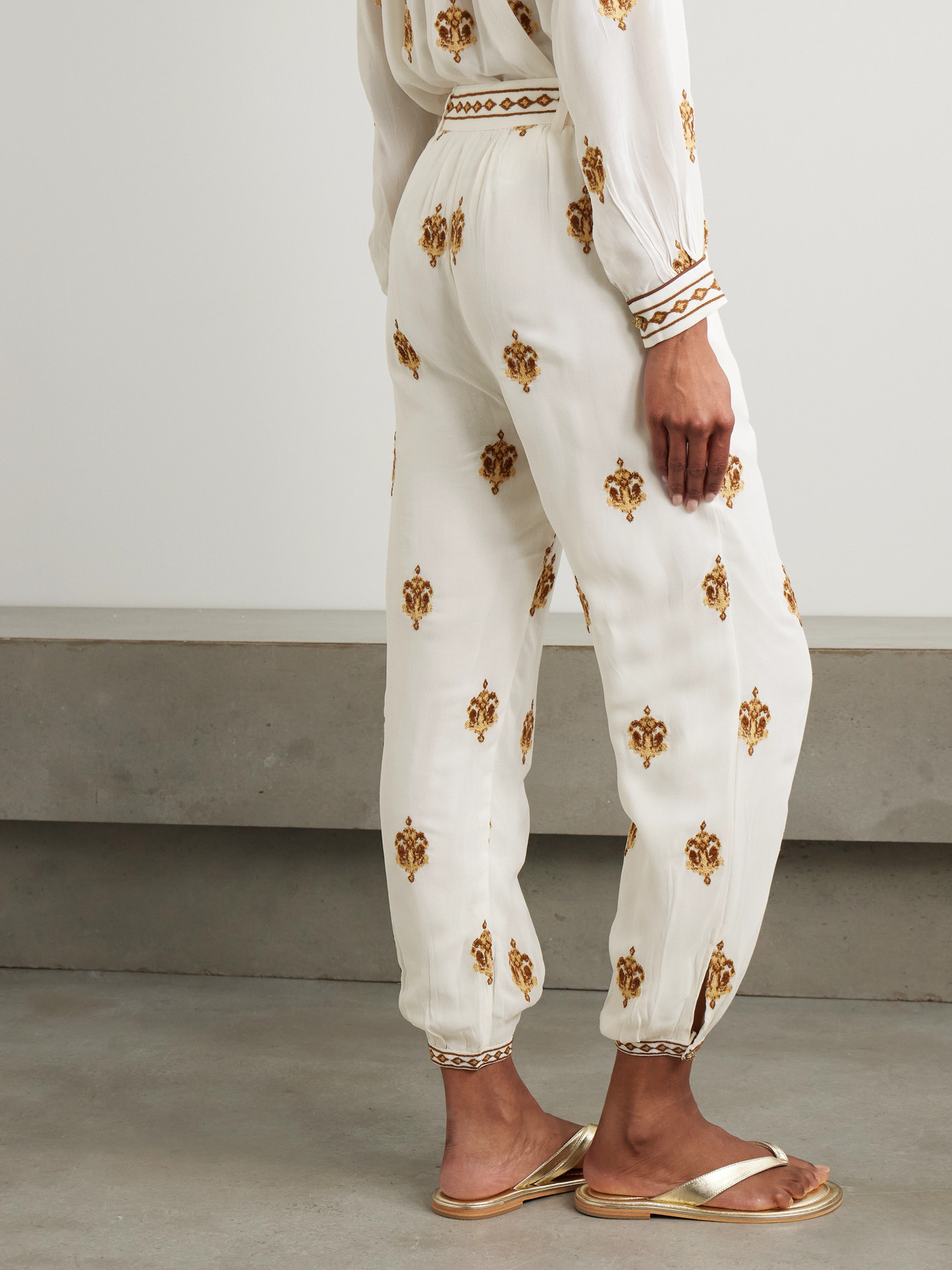 Farm Rio Anchor Tapestry Embroidered Georgette Tapered Pants In Off-white