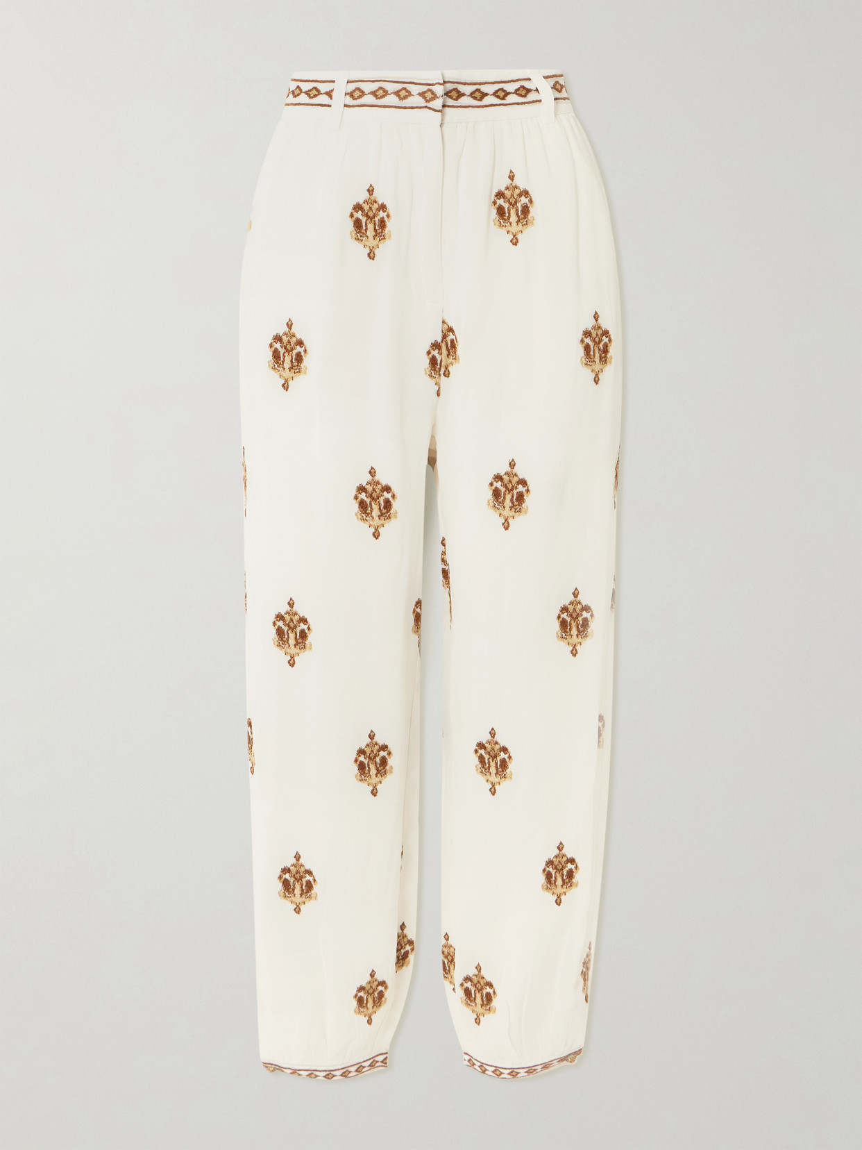 Farm Rio Anchor Tapestry Embroidered Georgette Tapered Pants In Off-white