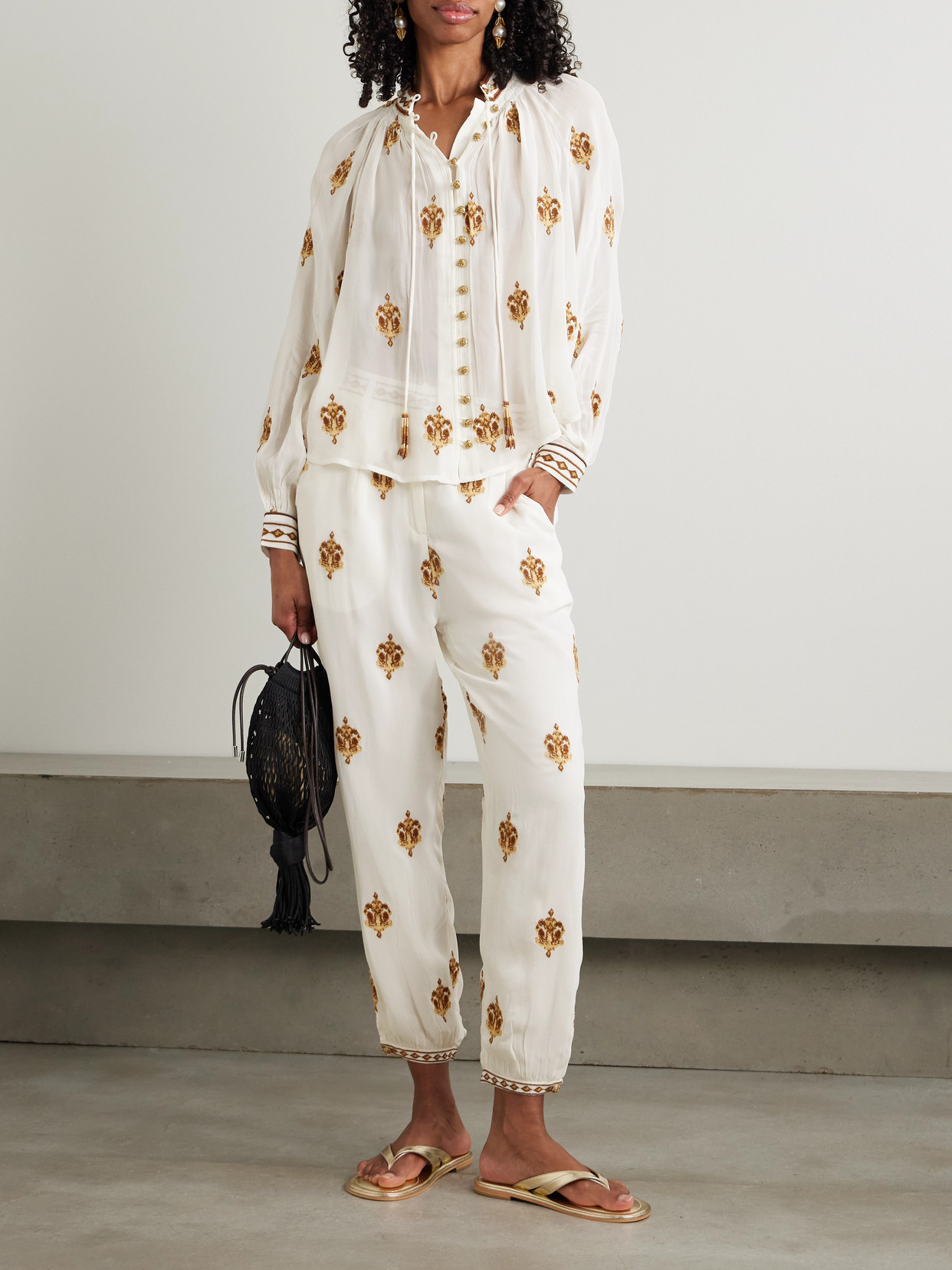 Farm Rio Anchor Tapestry Embroidered Georgette Tapered Pants In Off-white