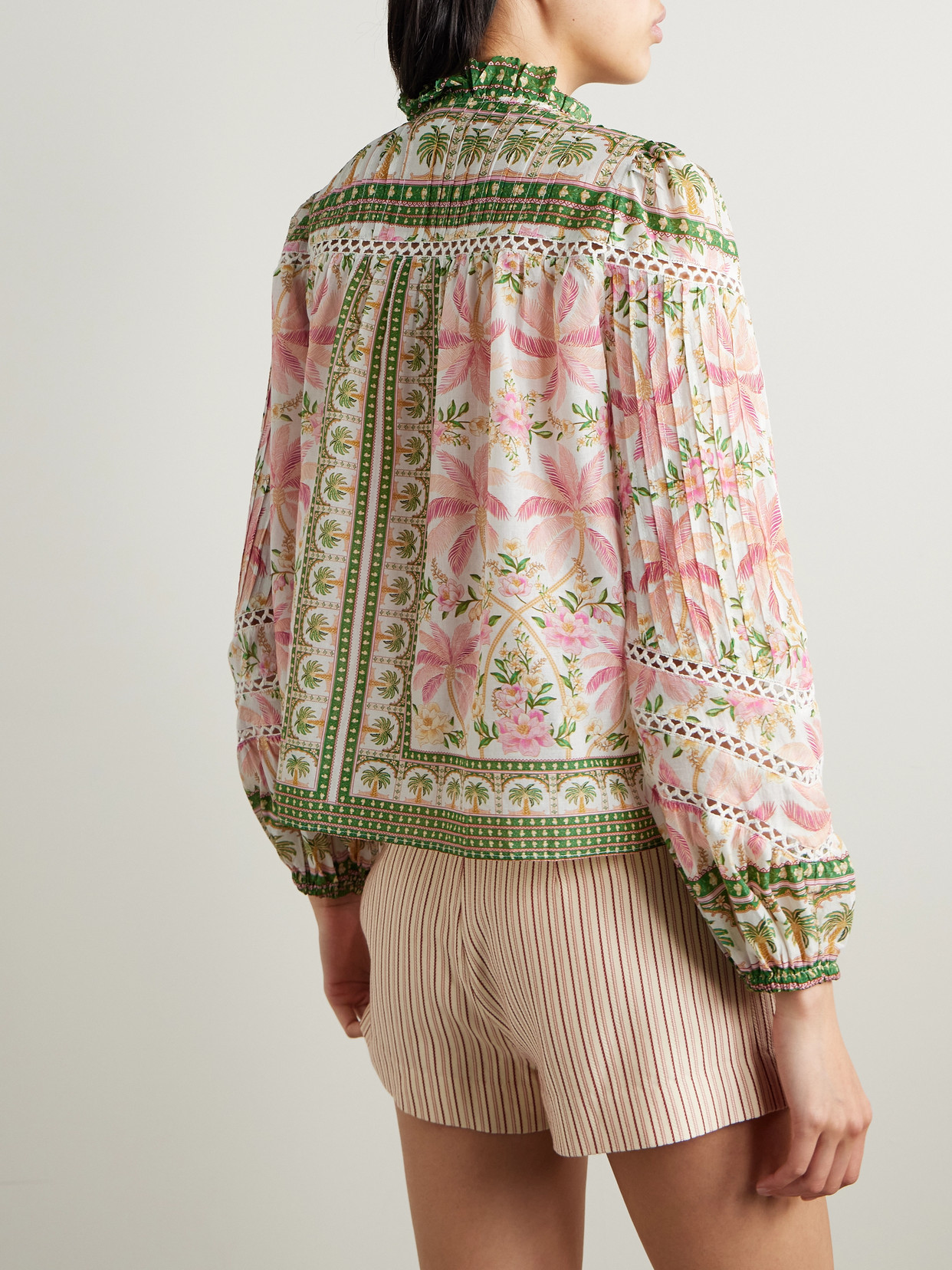 FARM RIO CROCHET-TRIMMED PINTUCKED PRINTED COTTON-VOILE BLOUSE