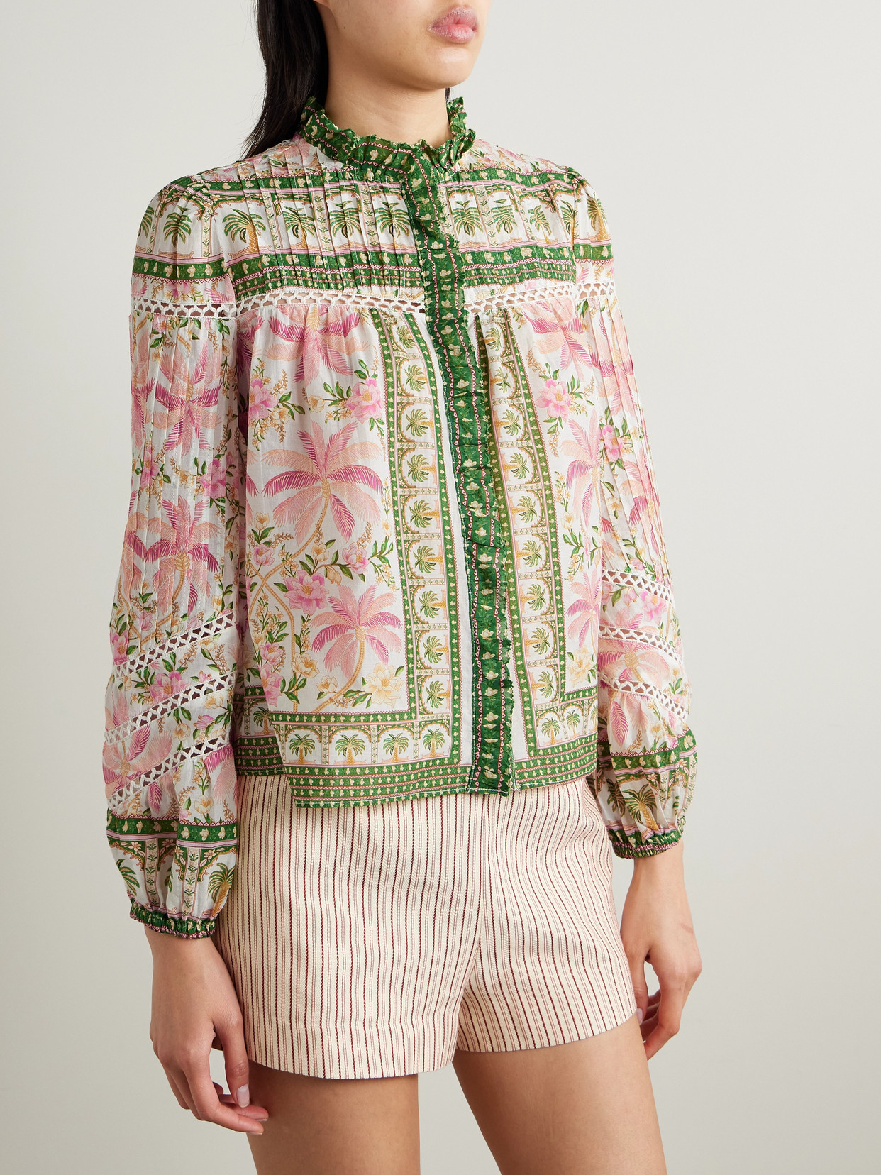 FARM RIO CROCHET-TRIMMED PINTUCKED PRINTED COTTON-VOILE BLOUSE