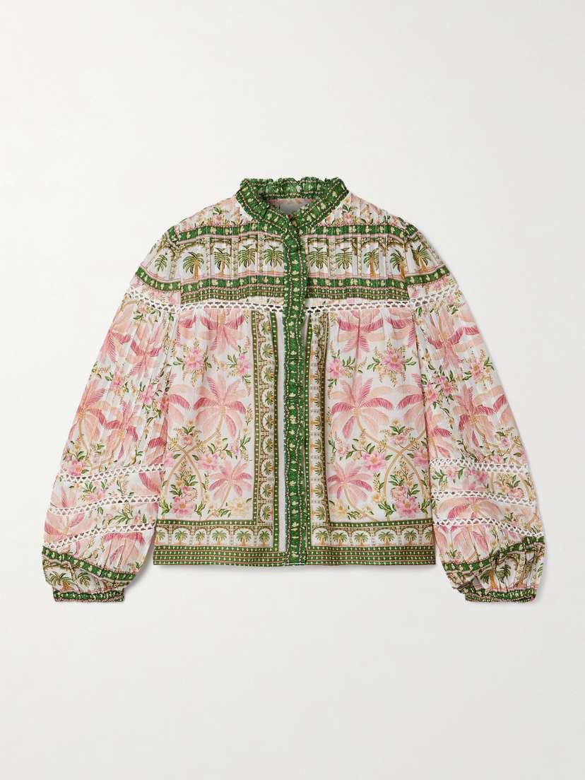 Farm Rio Crochet-trimmed Pintucked Printed Cotton-voile Blouse