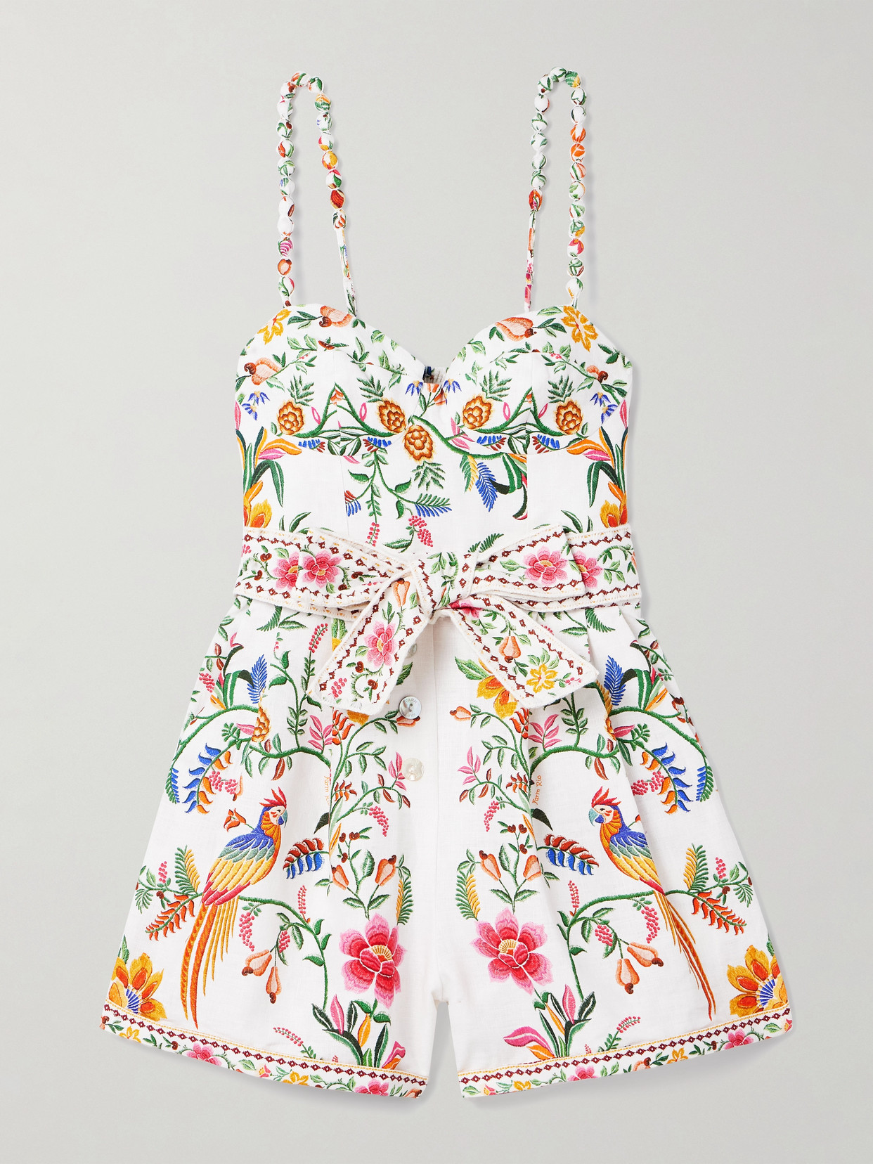 Farm Rio Belted Floral-print Linen Playsuit In White