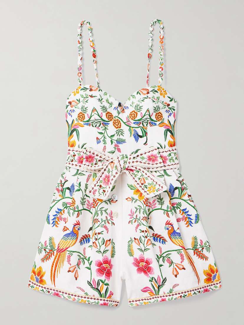 Farm Rio Belted Floral-print Linen Playsuit