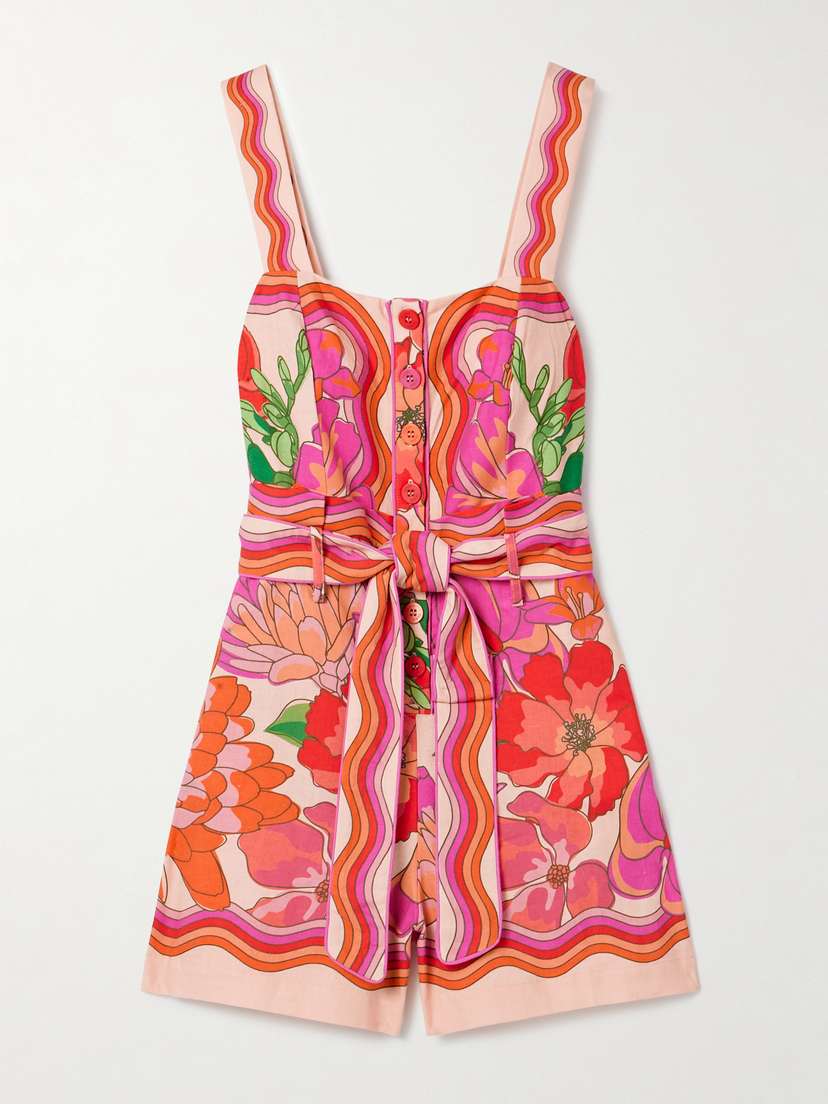 Farm Rio Belted Printed Linen-blend Playsuit