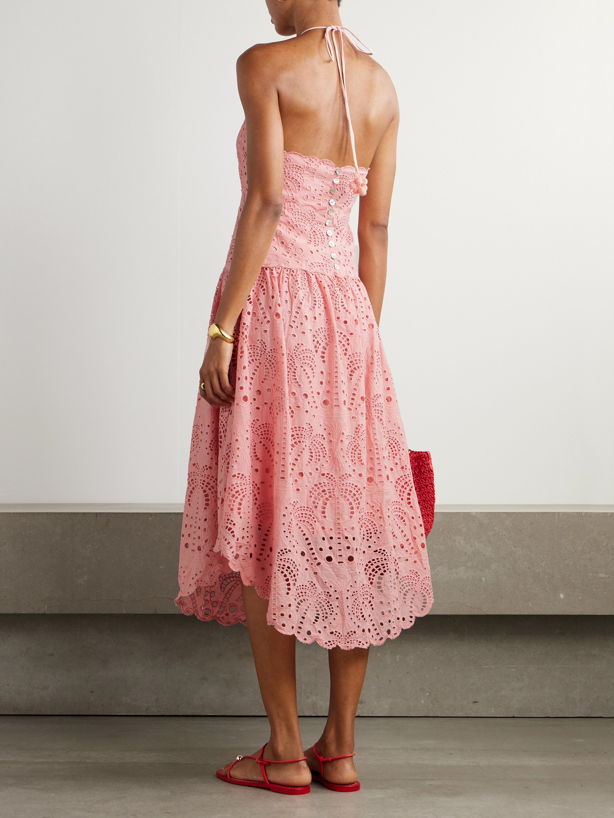 Farm Rio Palm Tree Scalloped Broderie Anglaise Cotton Midi Dress