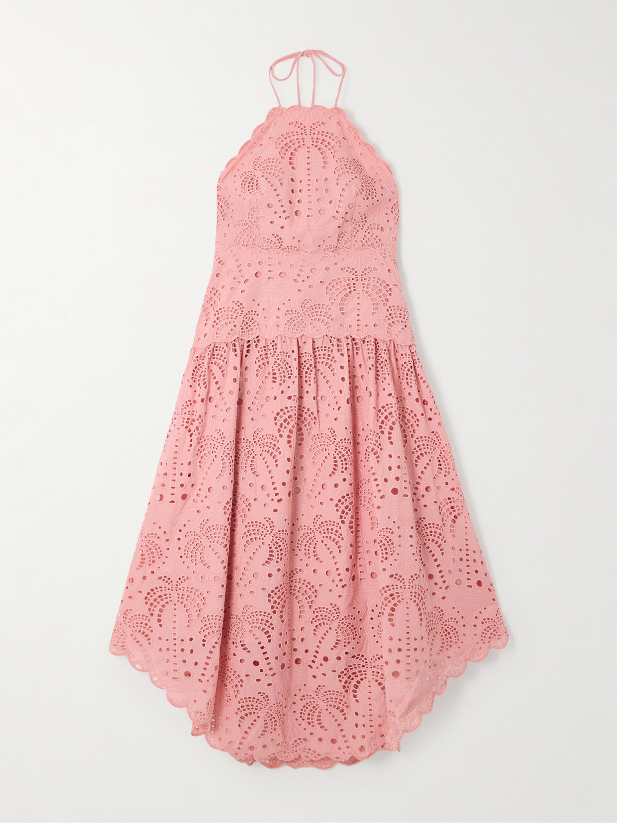 Farm Rio Palm Tree Scalloped Broderie Anglaise Cotton Midi Dress