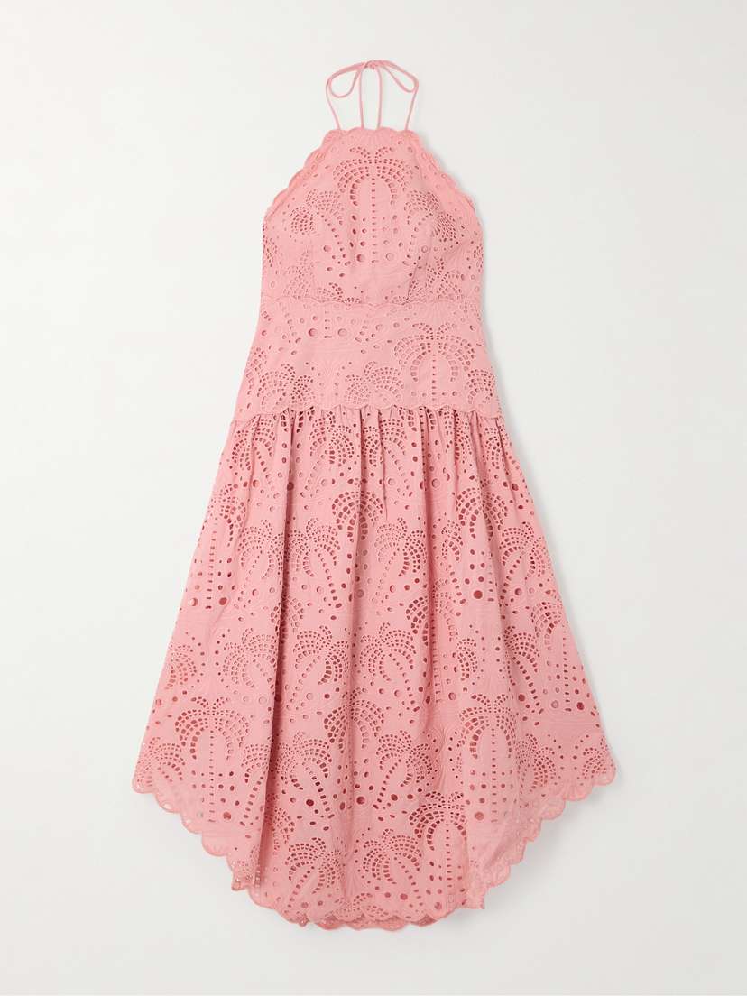 Farm Rio Palm Tree Scalloped Broderie Anglaise Cotton Midi Dress