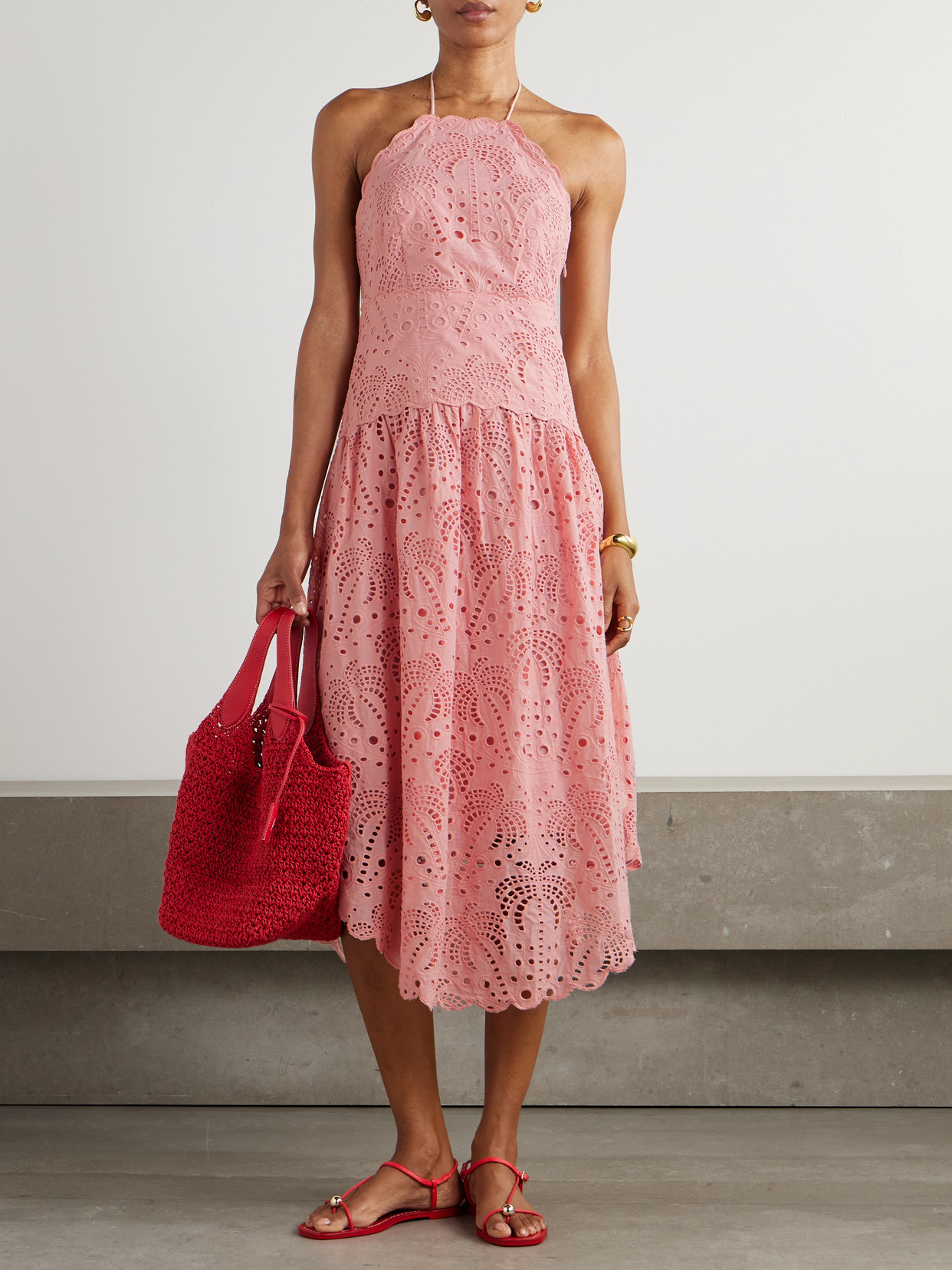 Farm Rio Palm Tree Scalloped Broderie Anglaise Cotton Midi Dress