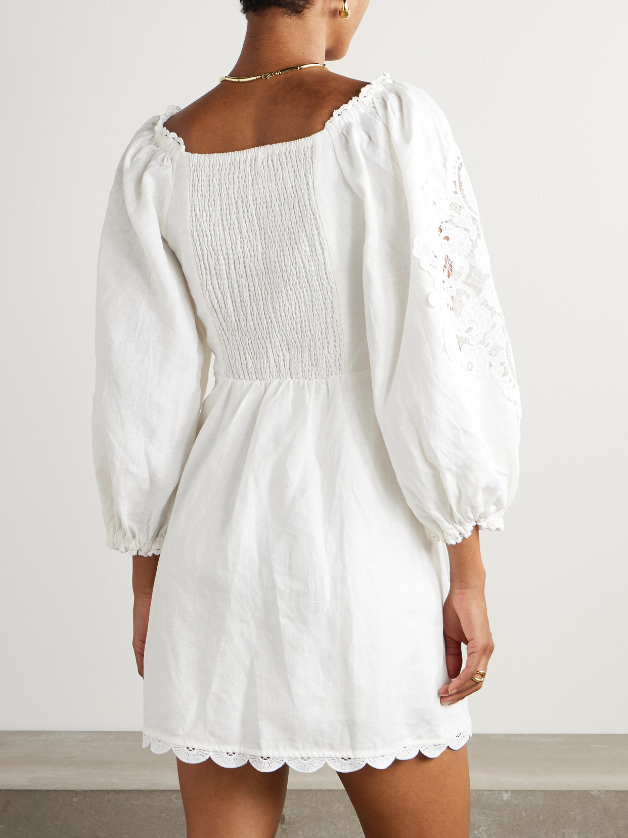Farm Rio Womens White Embroidered Balloon-sleeves Linen Mini Dress