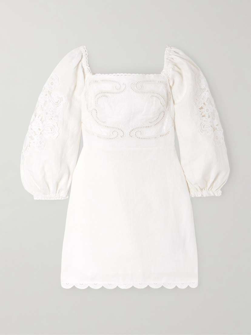 Farm Rio Scalloped Broderie Anglaise-trimmed Linen Mini Dress