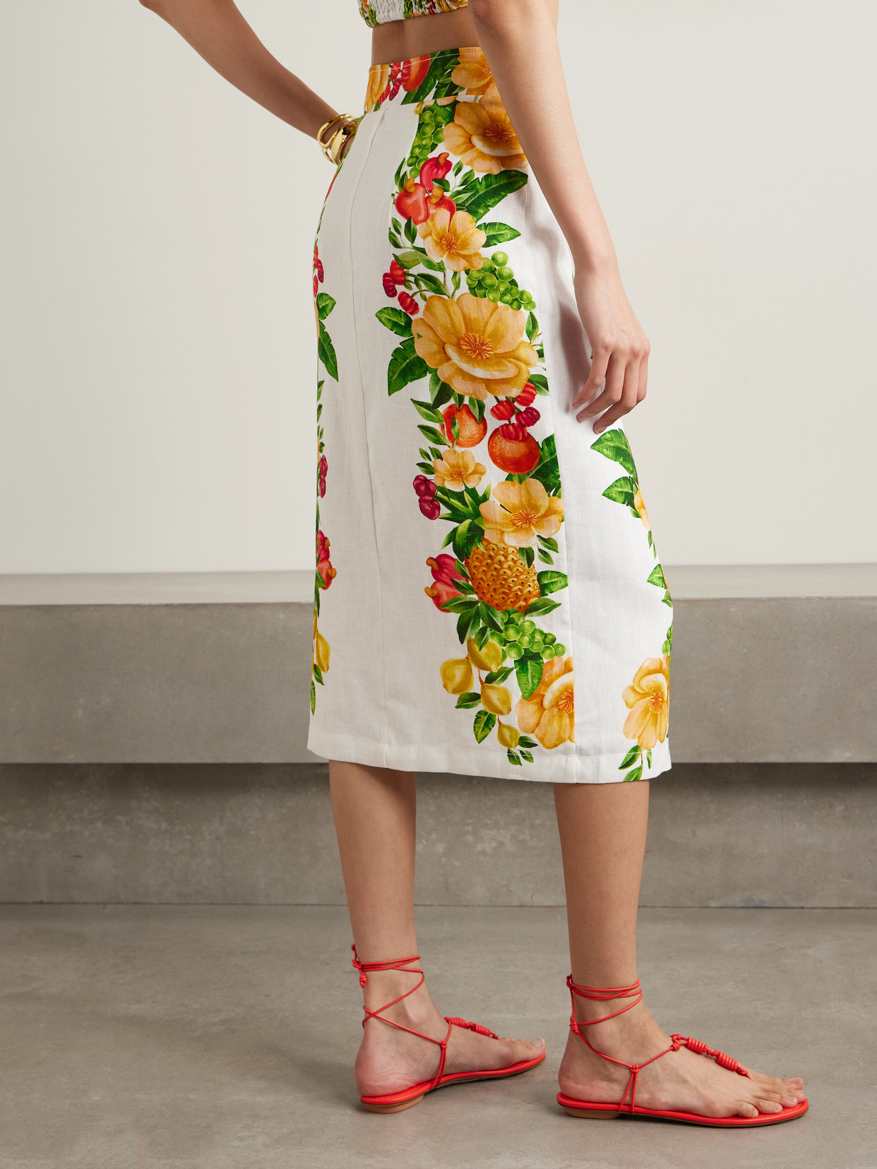 Farm Rio Floral-print Linen Midi Wrap Skirt