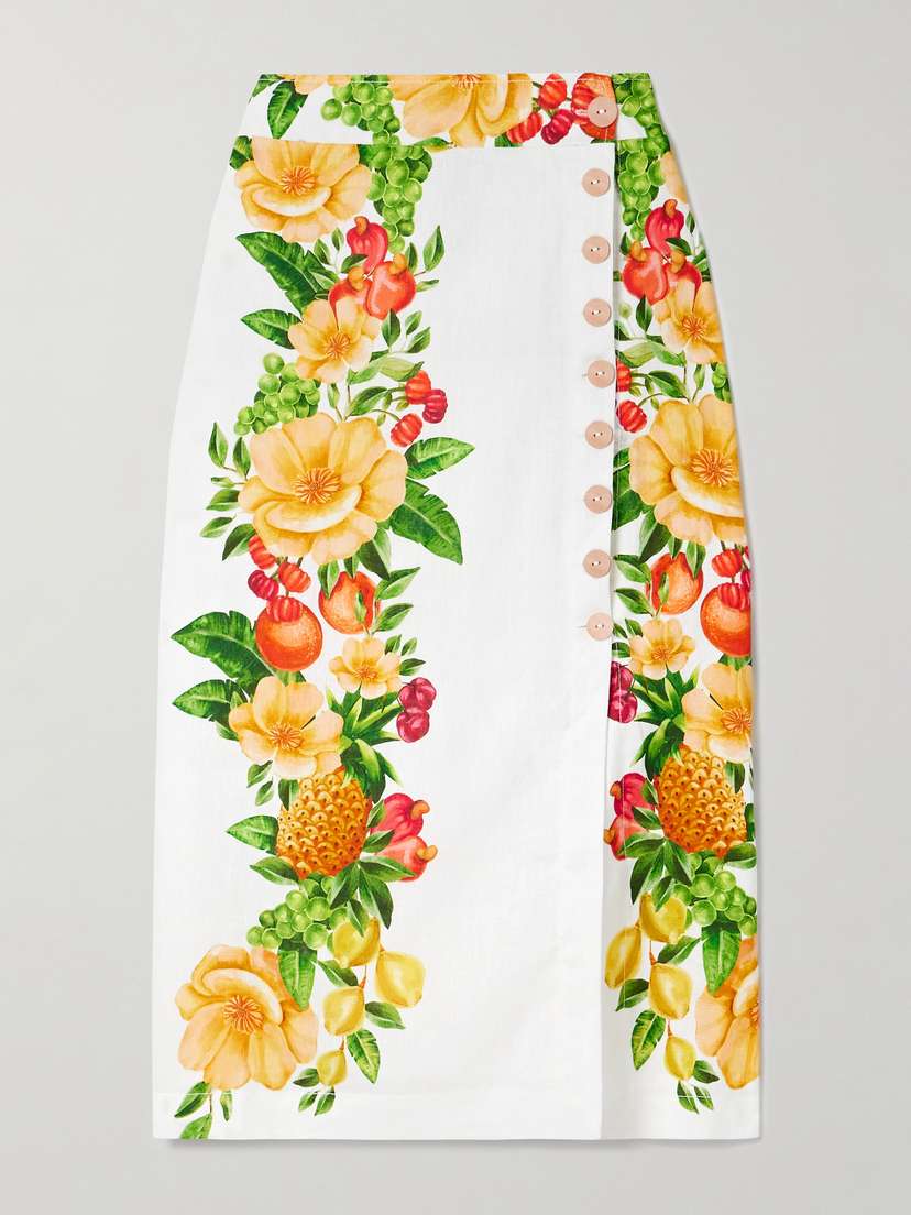 Farm Rio Floral-print Linen Midi Wrap Skirt