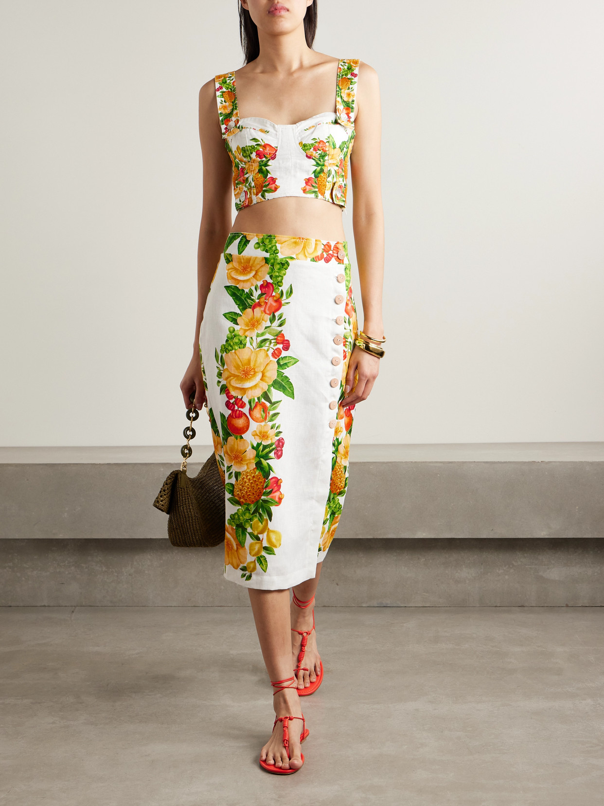 Farm Rio Floral-print Linen Midi Wrap Skirt