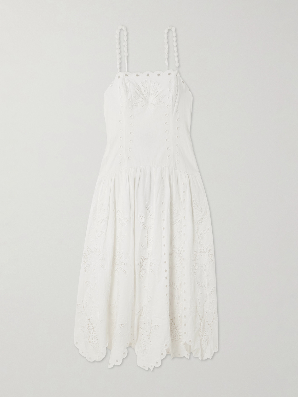 Farm Rio Richelieu Scalloped Gathered Broderie Anglaise Linen-blend Midi Dress