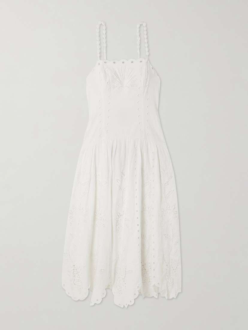 Farm Rio Richelieu Scalloped Gathered Broderie Anglaise Linen-blend Midi Dress