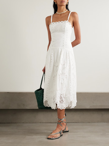 FARM Rio Richelieu scalloped gathered broderie anglaise linen-blend midi dress