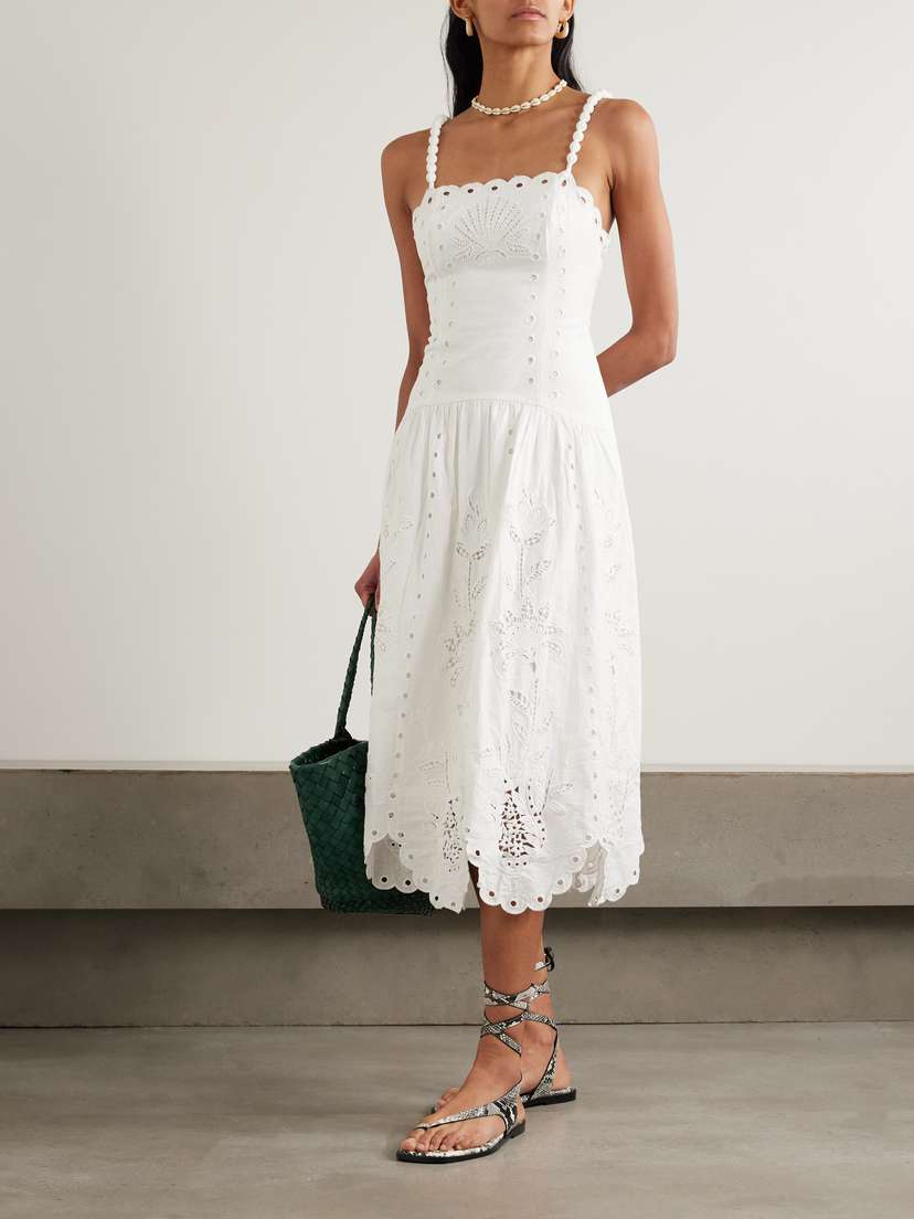 Farm Rio Richelieu Scalloped Gathered Broderie Anglaise Linen-...