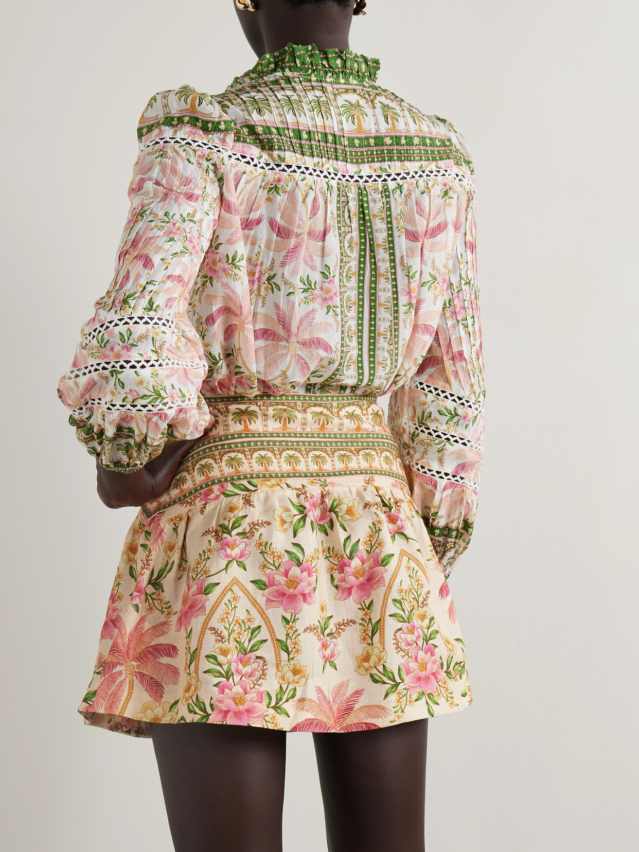 Farm Rio Belted Wrap-effect Pleated Floral-print Linen Mini Skirt