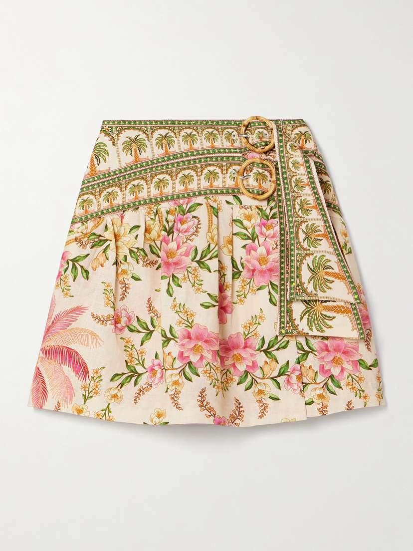 Farm Rio Belted Wrap-effect Pleated Floral-print Linen Mini Skirt