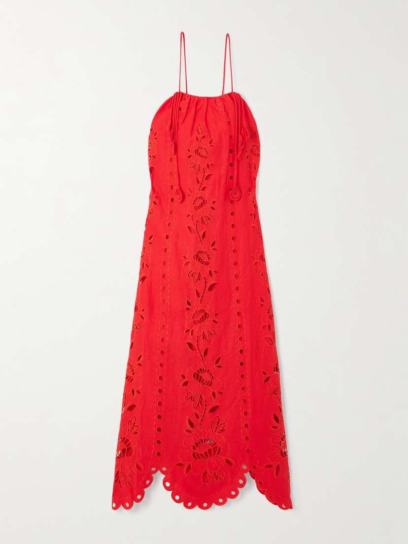 Farm Rio Embellished Broderie Anglaise Linen-blend Midi Dress