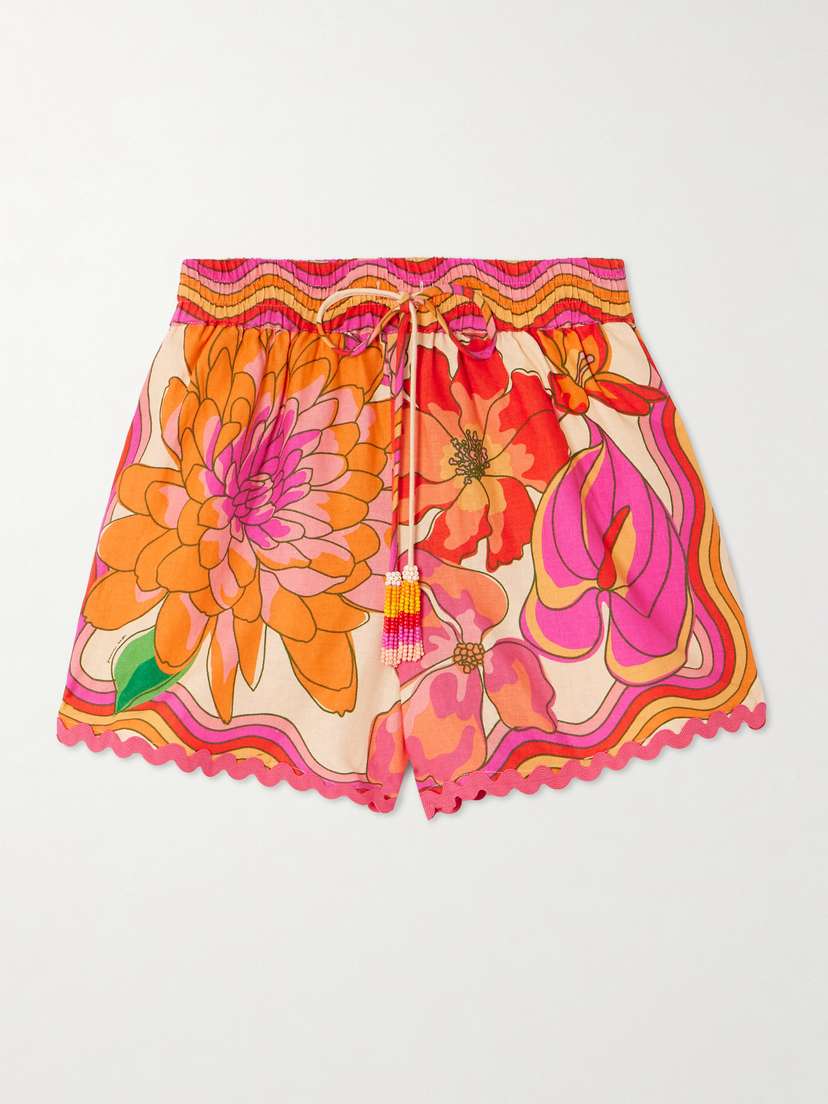 Farm Rio Spring Affair Bead-embellished Floral-print Linen-blend Shorts