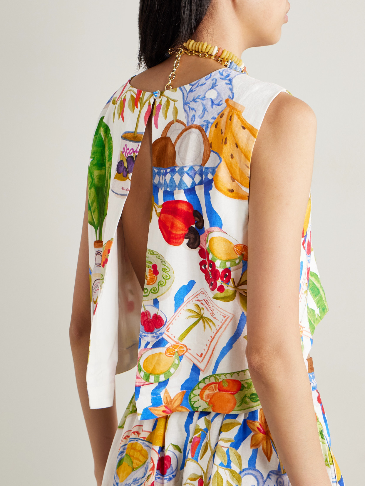 FARM RIO CROPPED OPEN-BACK PRINTED LINEN-BLEND TANK