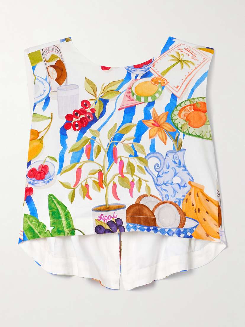 Farm Rio Cropped Open-back Printed Linen-blend Tank