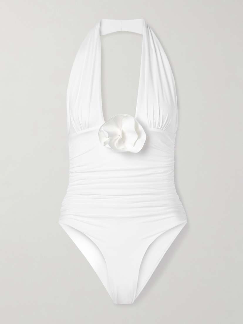Maygel Coronel Pilaya Appliquéd Ruched Halterneck Swimsuit